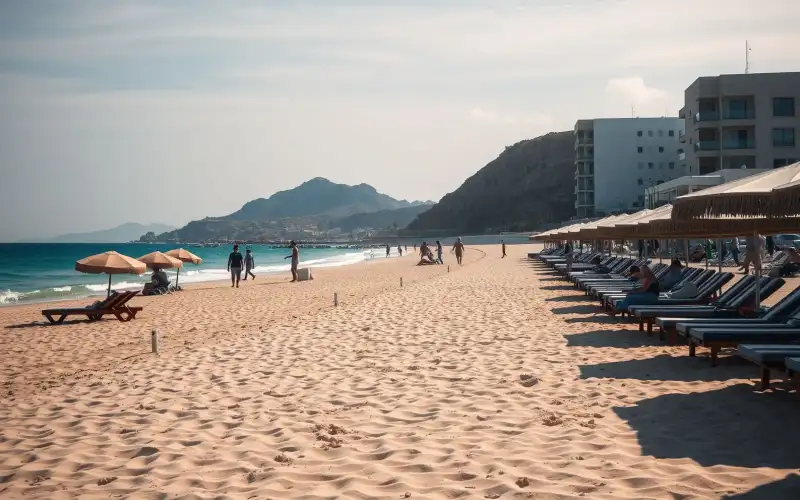 Golden sands meet turquoise waters at Mackenzie Beach, a perfect Larnaca day trip destination